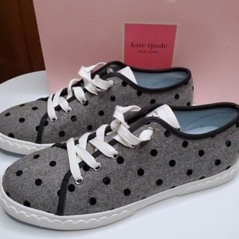 Kate Spade Vale Grey Black Velvet Polka Dot Scalloped Sneakers K5366 Womens 11B